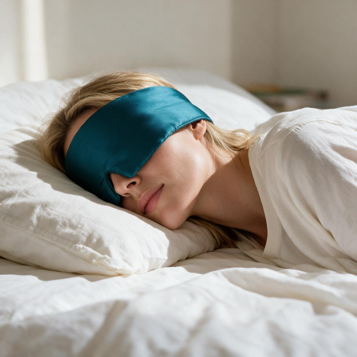 Woman asleep on her side wearing the Lunia Reve mulberry silk sleep mask in Fathom, shot at pillow height in soft morning light