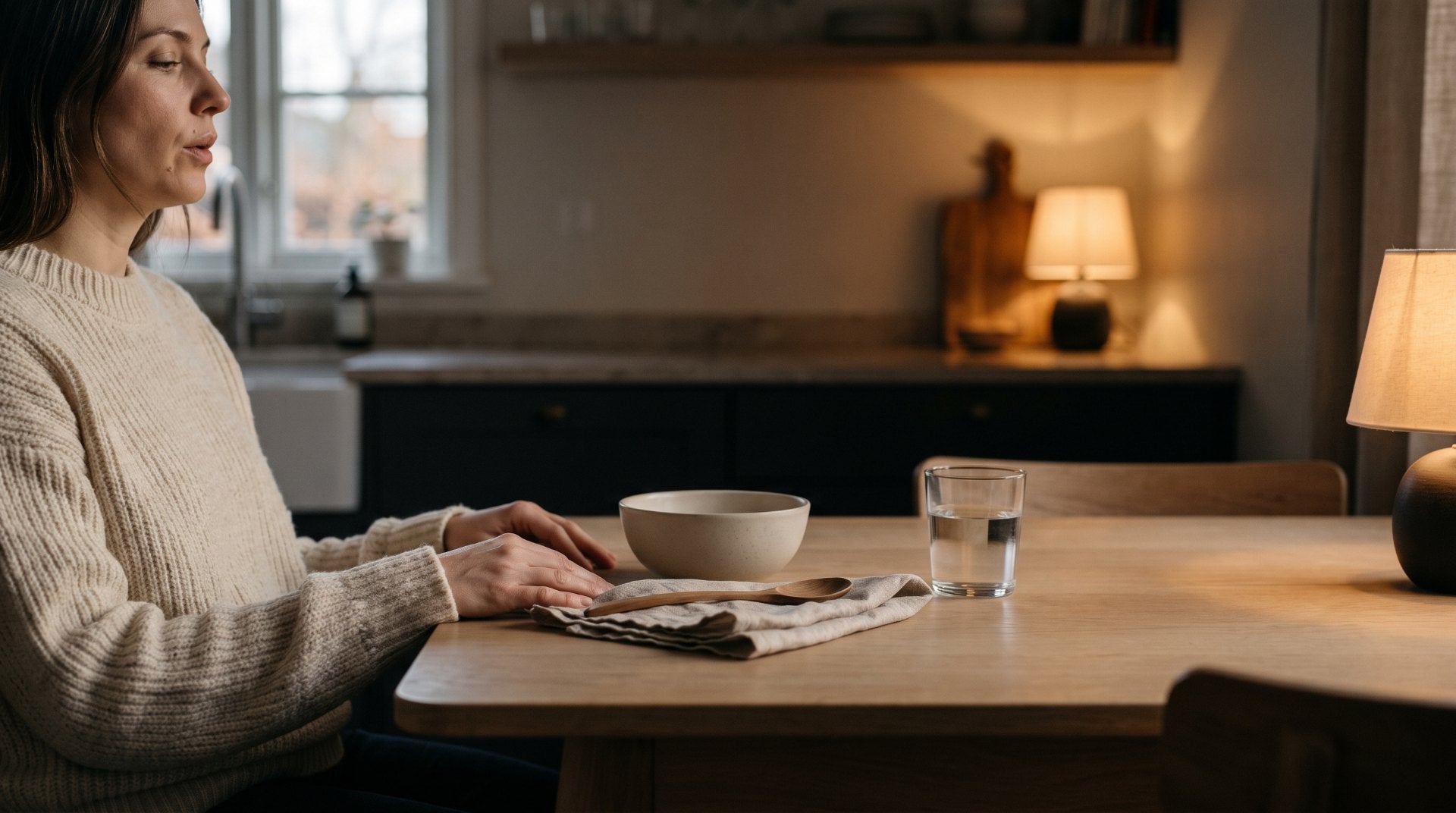 A woman sitting at a warmly lit kitchen table in the early evening after finishing a meal, with an empty ceramic bowl, a linen napkin and a glass of water in front of her