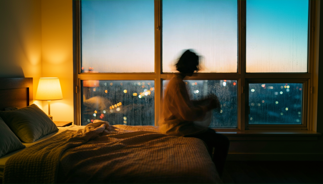 Silhouetted figure at a window during the blue hour with city lights below, illustrating how individual chronotypes shape sleep and wake timing