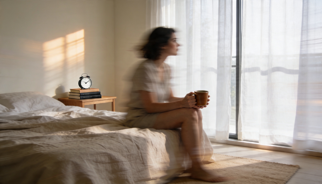 Woman sitting on the edge of her bed in soft morning light holding a coffee mug, slightly blurred to suggest grogginess from accumulated sleep debt