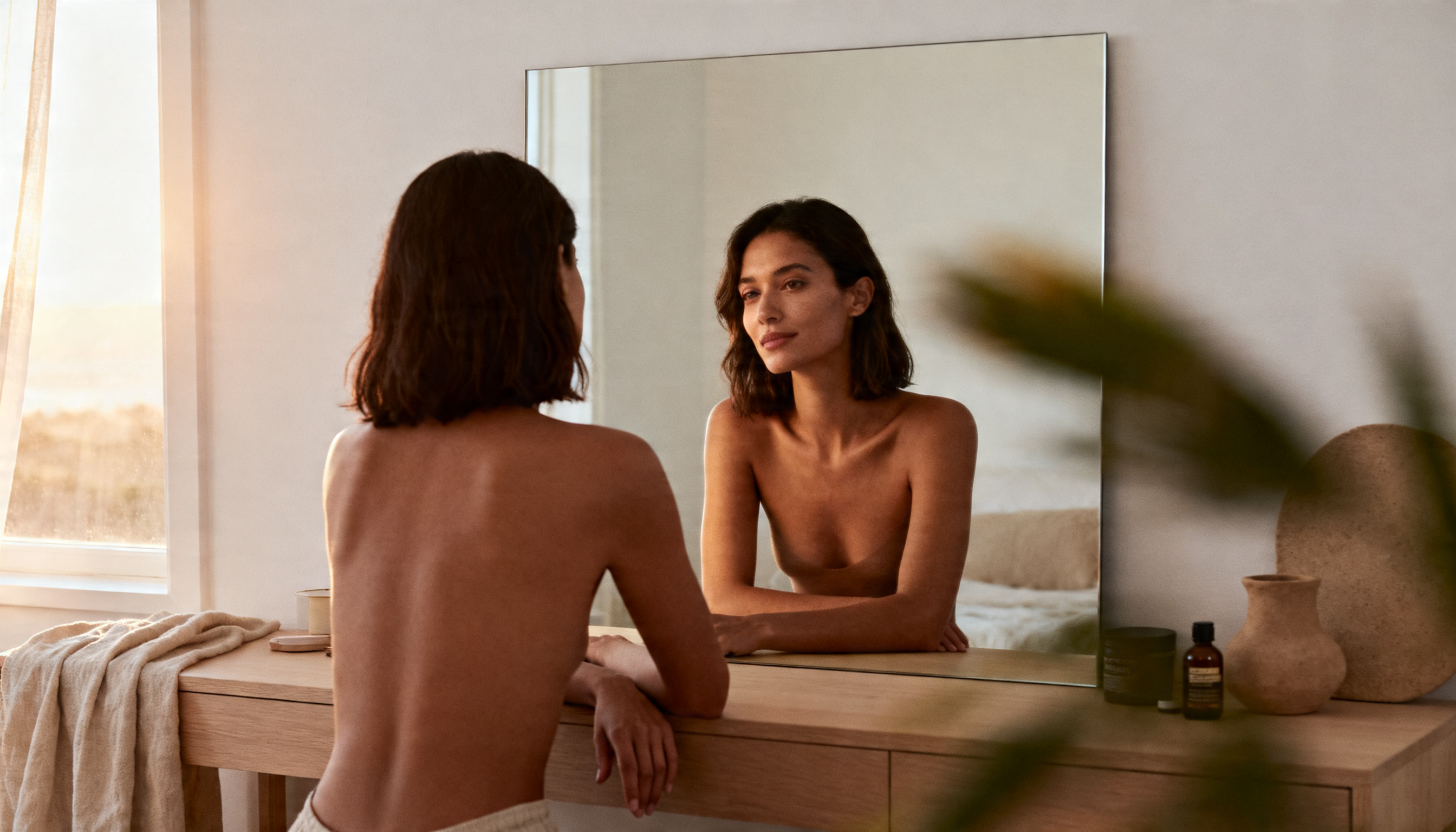 Woman looking at her reflection in a mirror in soft natural light, illustrating the visible skin benefits of restorative sleep