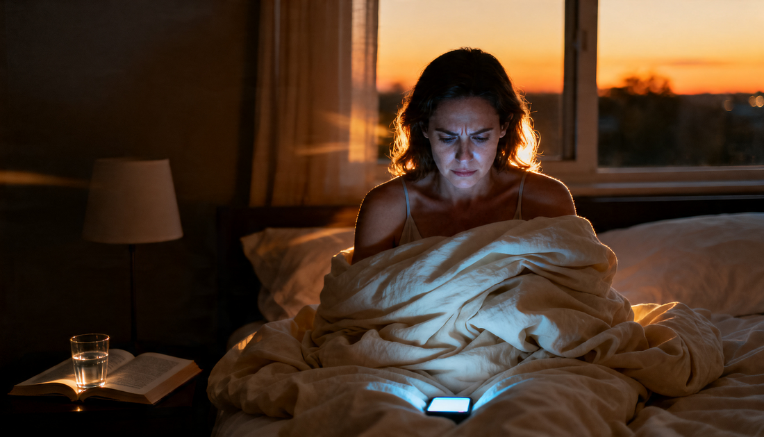 Woman sitting up in bed at dusk staring at her phone, the screen lighting her face, illustrating how late-night screen use and stress disrupt modern sleep