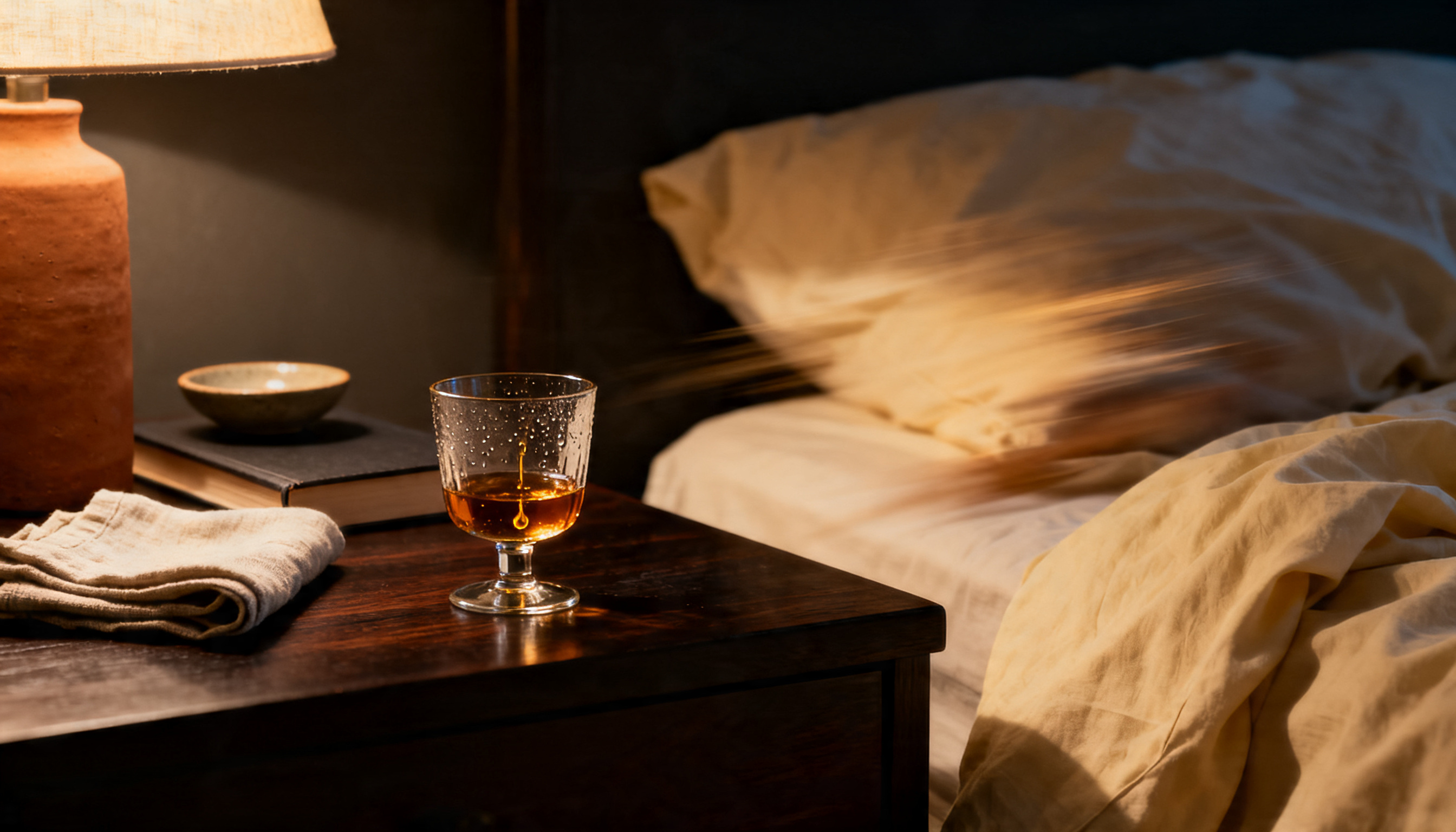Glass of amber liquid on a bedside table next to a blurred, restless figure in bed, illustrating how alcohol disrupts sleep quality despite inducing sleep