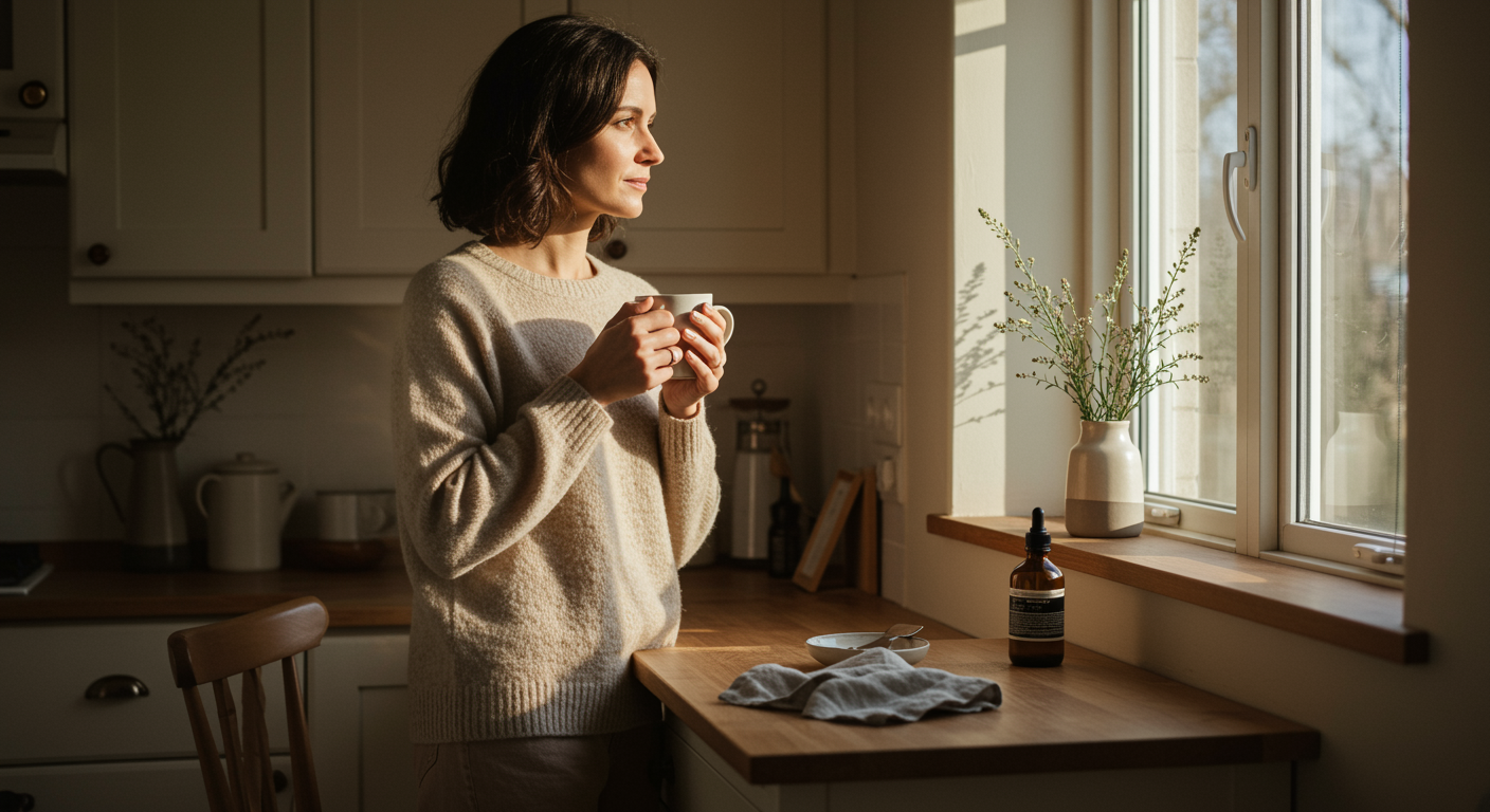 Millennial woman holding a mug of tea in a sunlit kitchen, representing the quiet morning routines that support better sleep in modern life