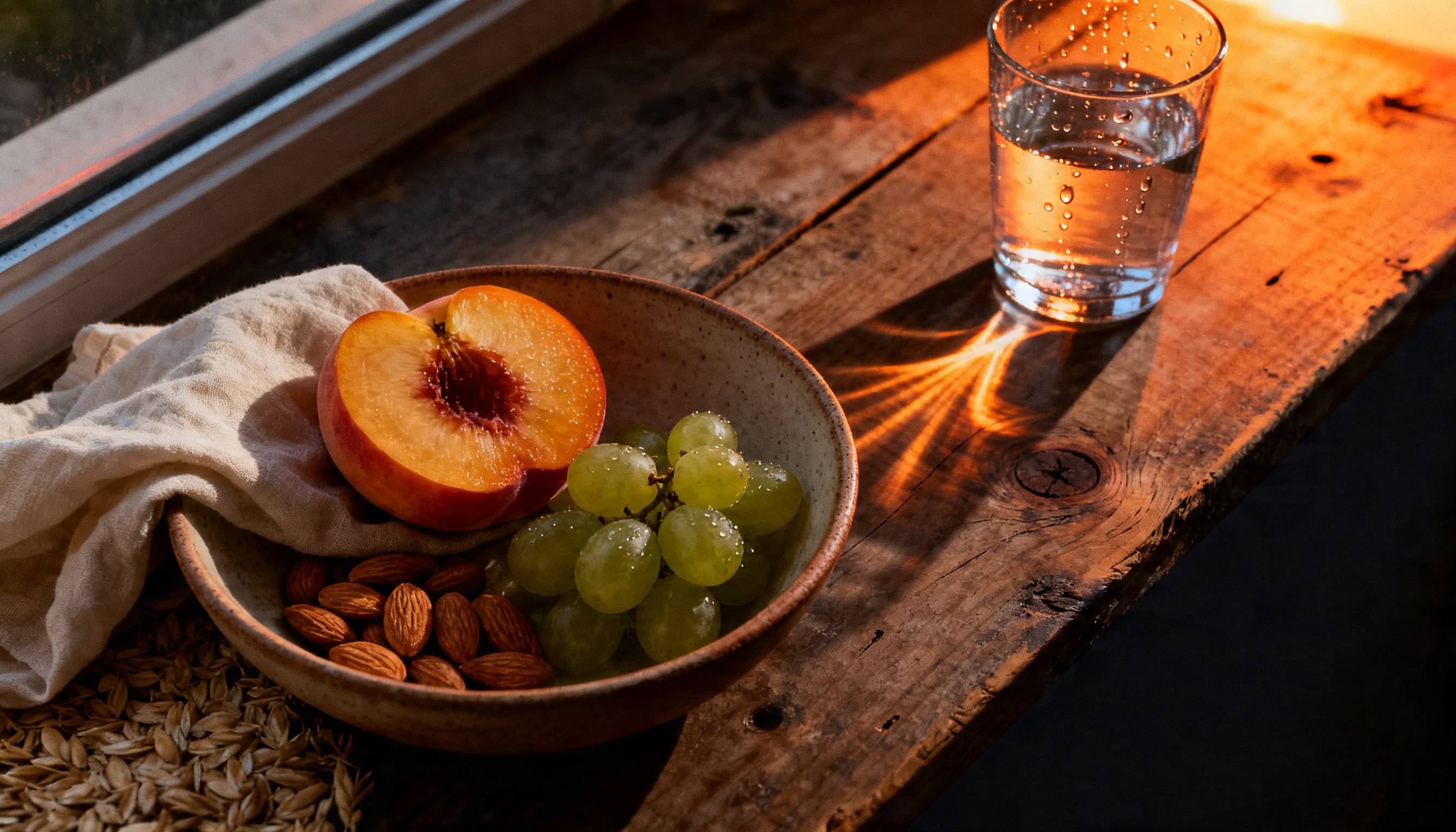 Bowl of fresh fruit, nuts, and water on a wooden surface, illustrating nutrition's role in sleep and metabolic health