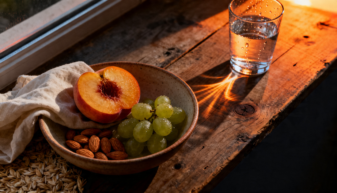 Bowl of fresh fruit, nuts, and water on a wooden surface, illustrating nutrition's role in sleep and metabolic health