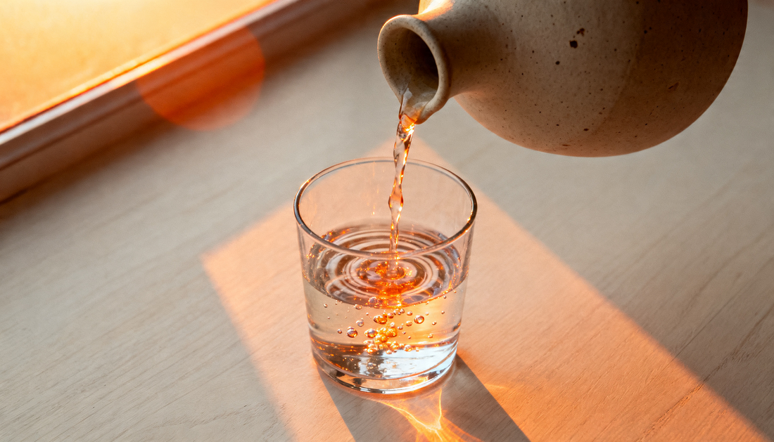 Water being poured from a stoneware vessel into a glass in warm light, visualizing the glymphatic system flushing waste from the brain during sleep