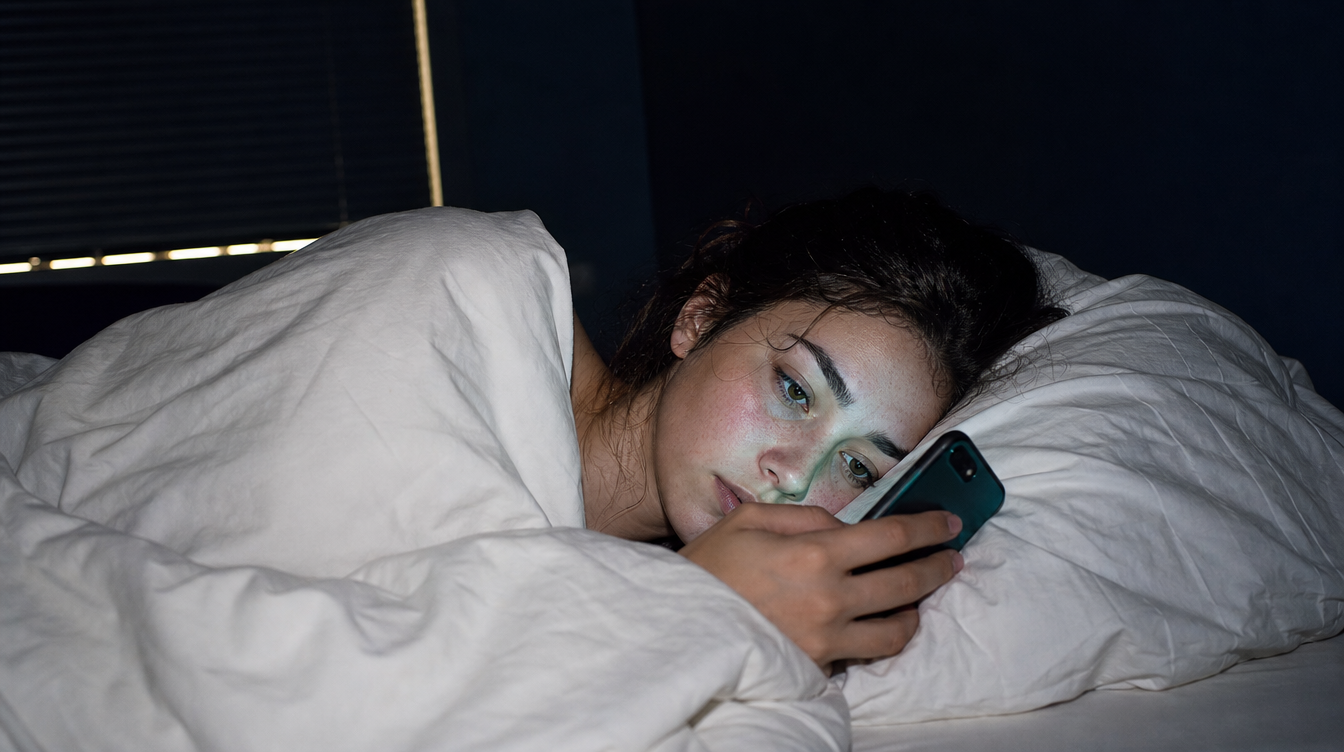 A young woman lying awake on her side in bed at night under a white duvet, her face lit by the pale glow of the phone she is holding close to her chin