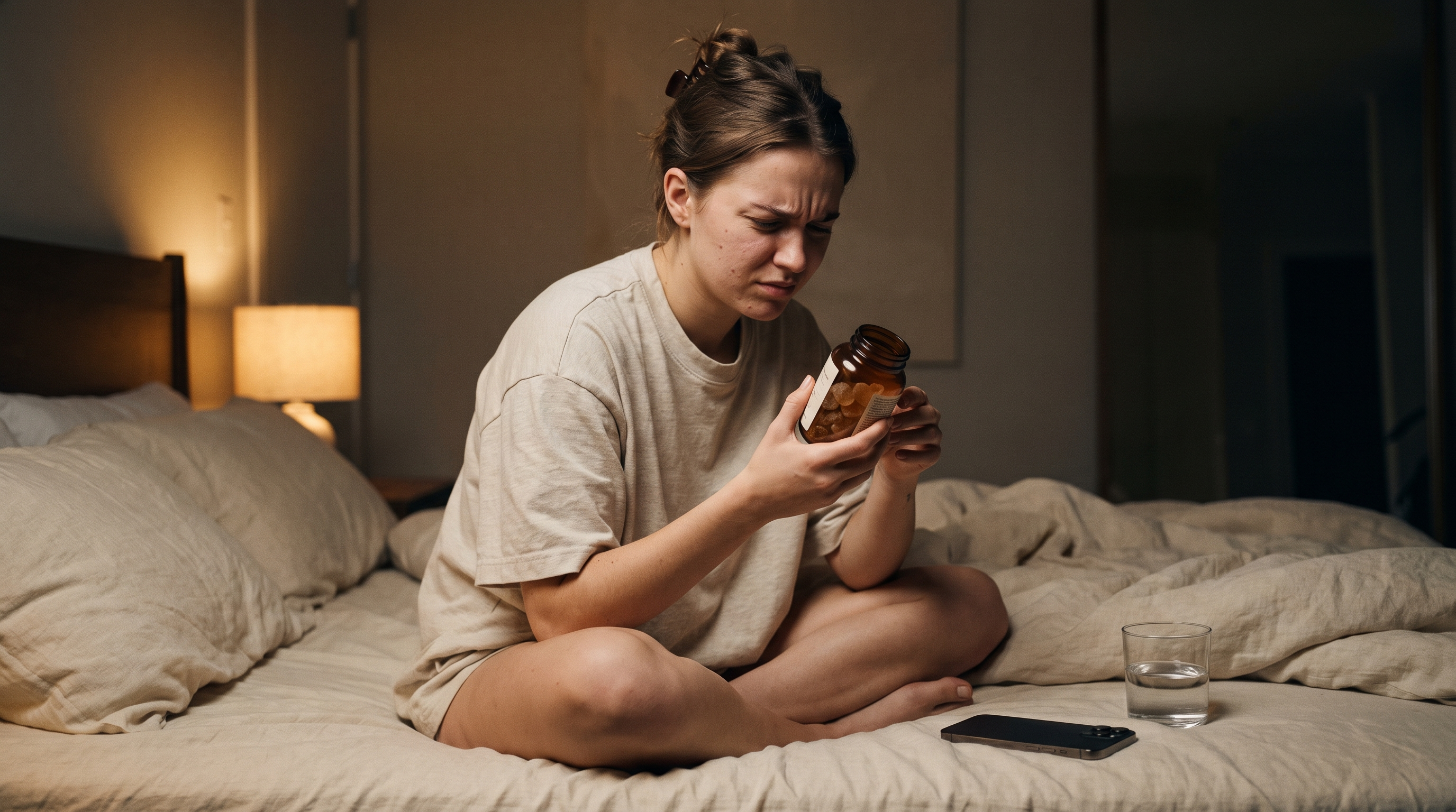 A young woman sitting on a bed at night in warm lamplight, squinting at the label on a small amber jar of sleep gummies