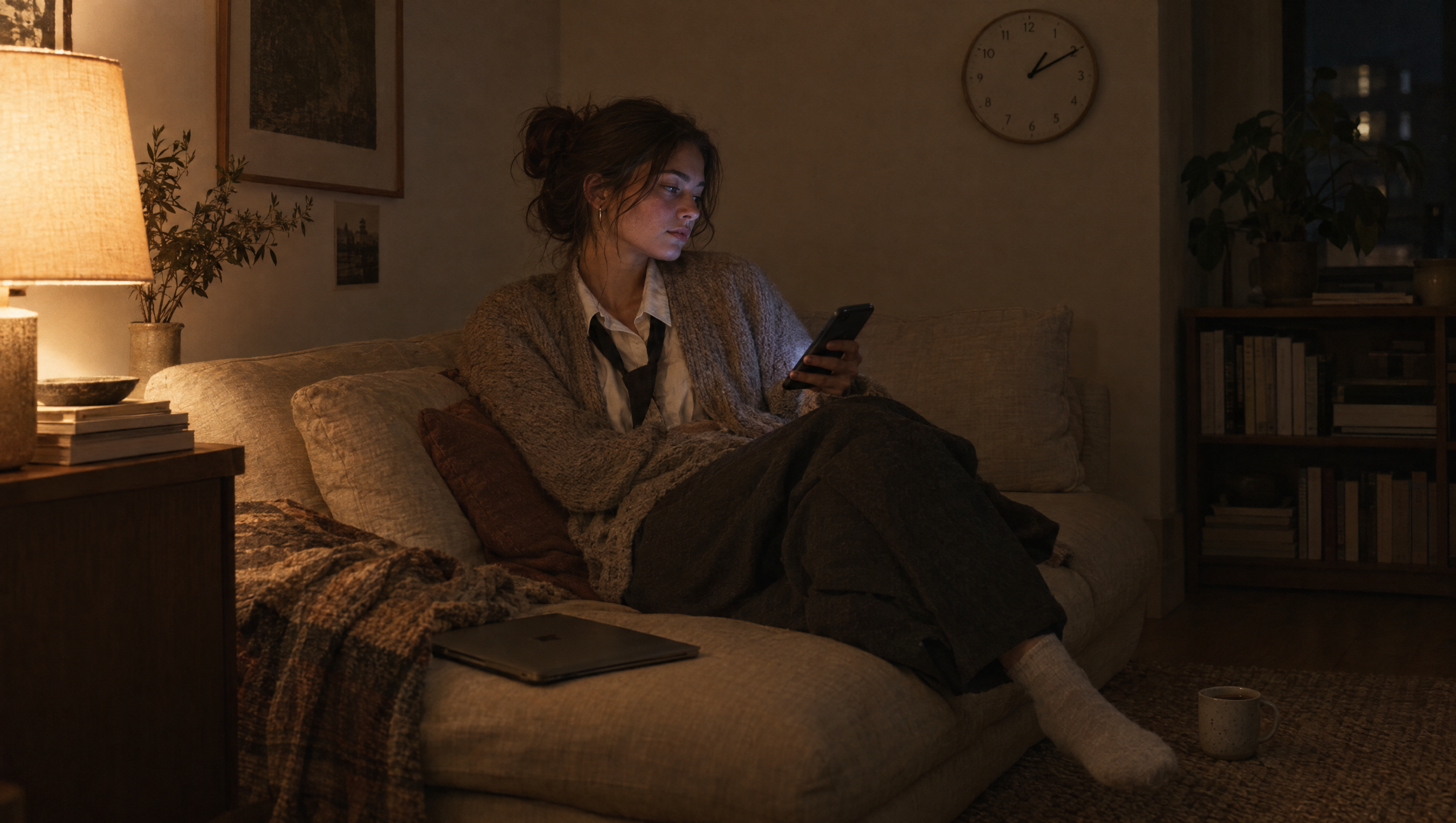 A woman in her mid twenties sits on a linen sofa late at night in a dim apartment living room, wrapped in an oversized cardigan with a closed laptop beside her and a phone lighting her face, a wall clock behind her reading just past one in the morning