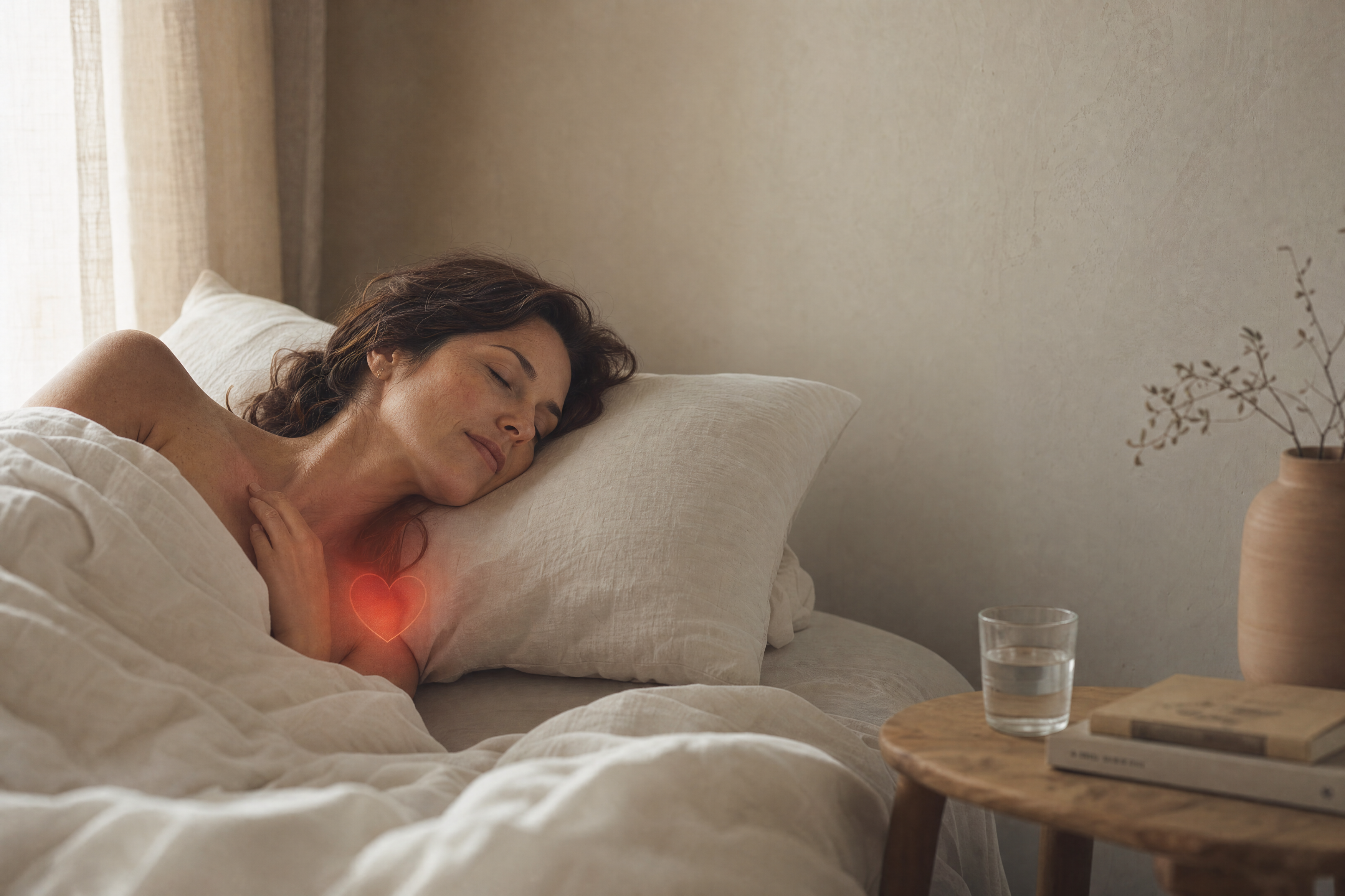 Woman sleeping peacefully in soft natural light with a warm glow over her chest, illustrating the heart's overnight recovery window during sleep