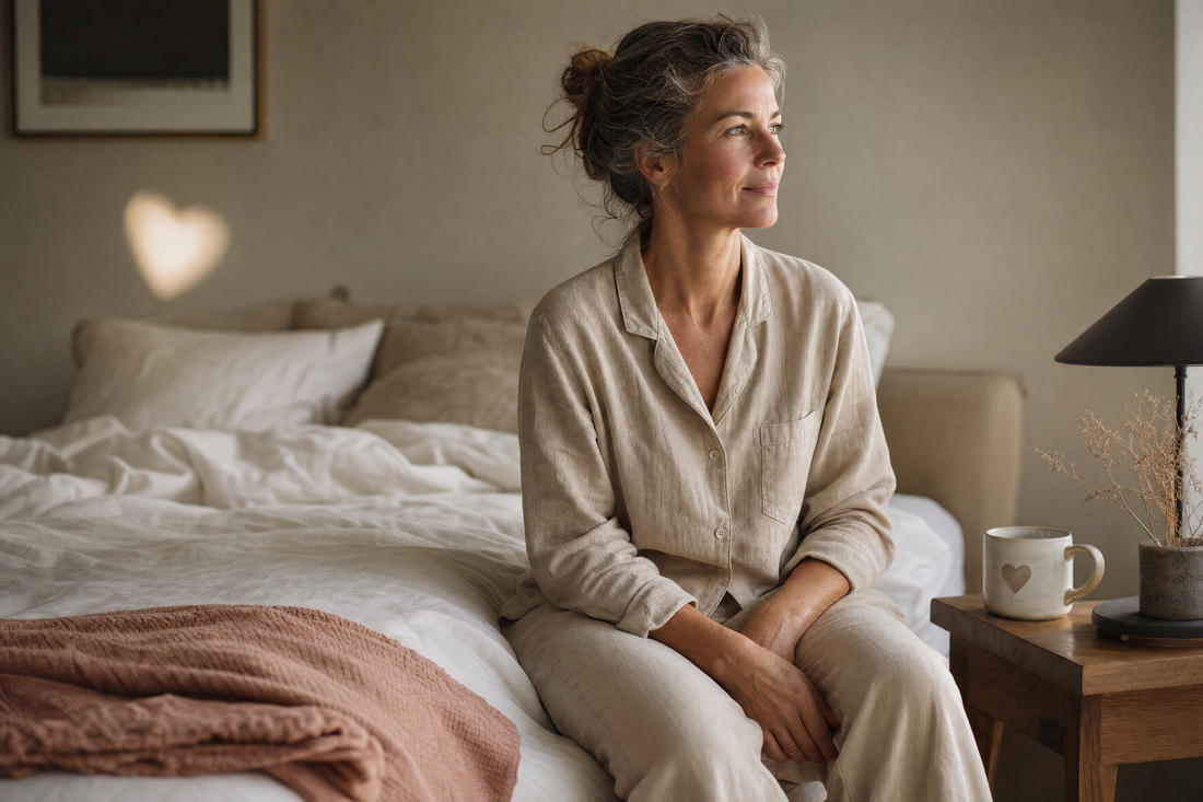 Woman in her fifties sitting on the edge of her bed in soft morning light, reflecting on sleep changes during perimenopause