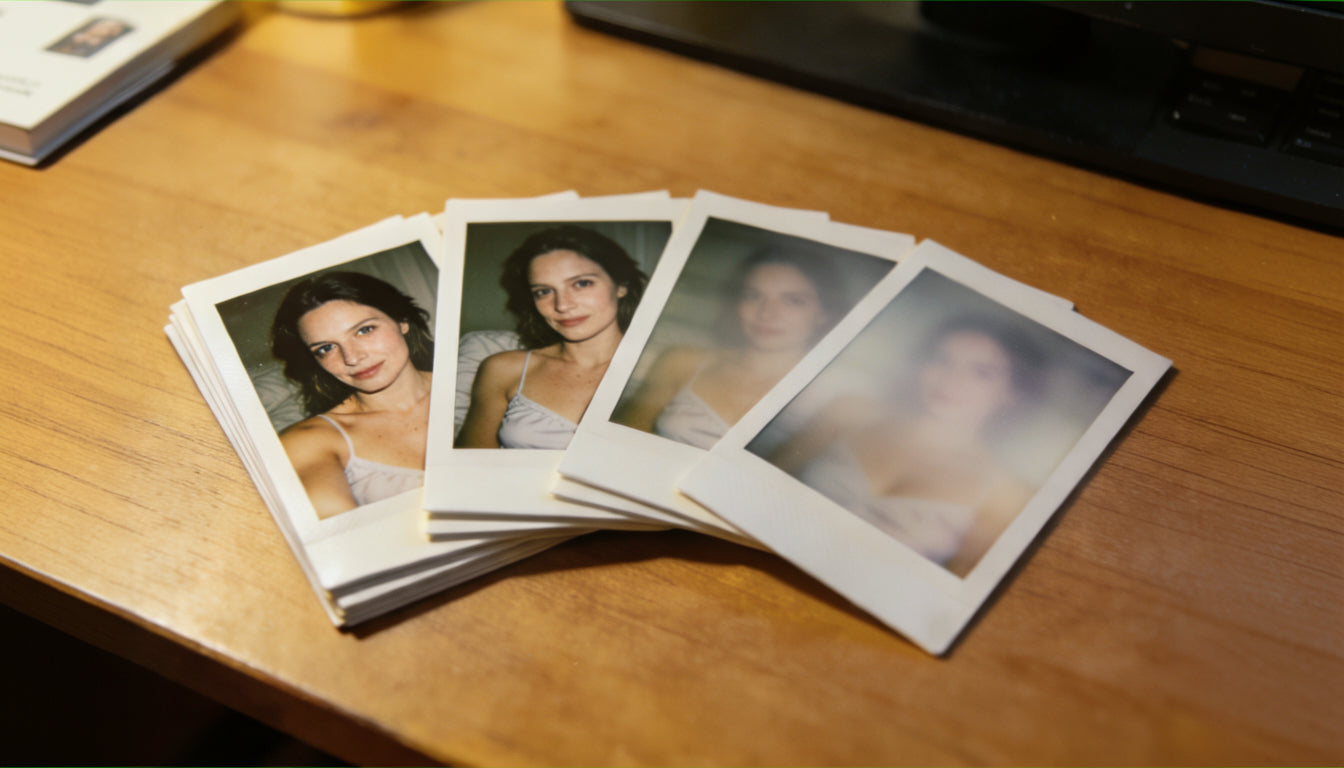 Polaroid photos of a woman fanned out on a wooden desk, progressively blurring from sharp to unfocused, representing cognitive decline after 24 hours without sleep