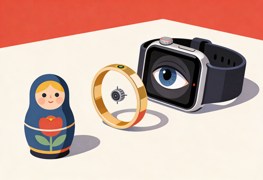 Illustration of sleep tracking devices with eye motifs, questioning whether constant monitoring helps or harms sleep