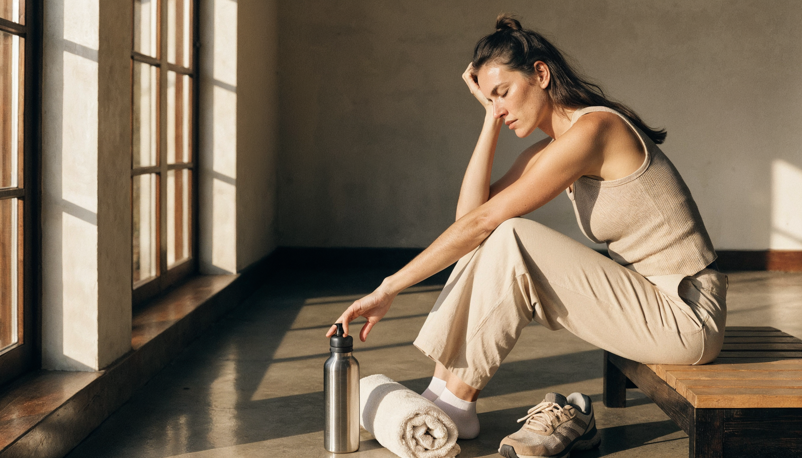 A woman in oat-colored athletic wear sits calmly on a wooden bench in warm late-afternoon light after a workout, with a water bottle and running shoes on the floor beside her