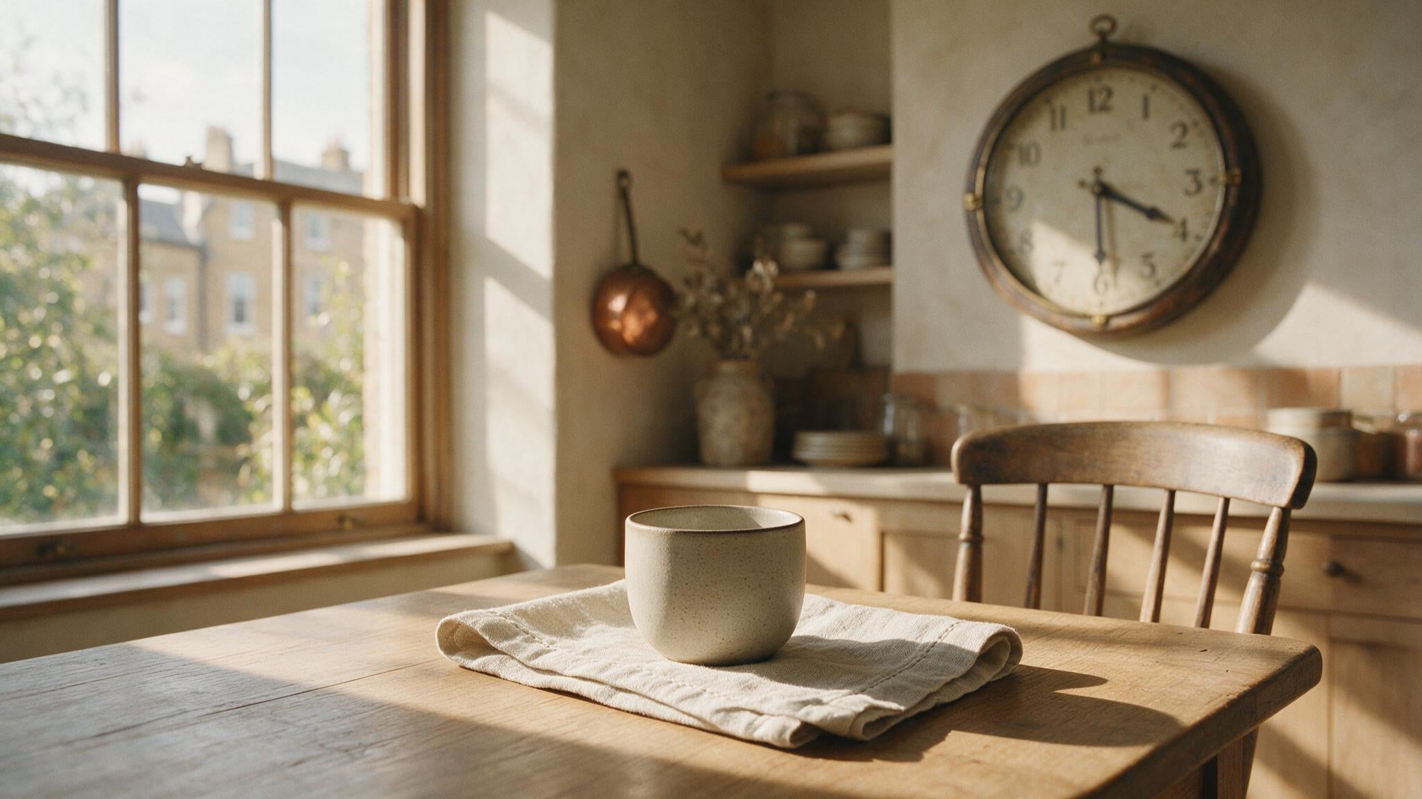 An empty ceramic coffee cup on an oat linen napkin beside a sunlit window with a softly blurred afternoon clock, suggesting the last cup of the day