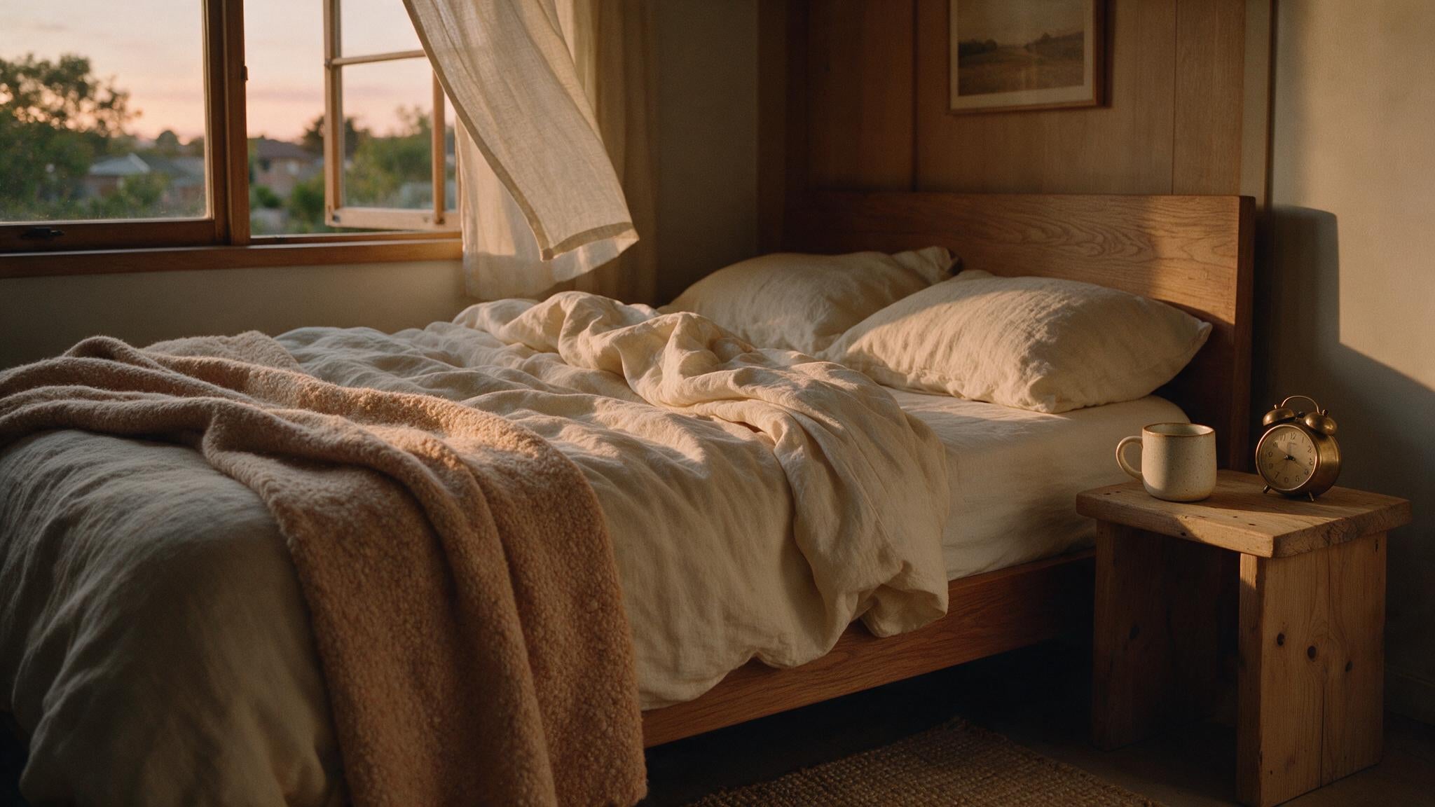 A quiet bedroom at dusk with a rumpled cream and oat linen duvet pulled back on a low wooden bed, a cracked open window with a sheer curtain lifting in the cool evening air, and a ceramic mug and small brass alarm clock on an oak nightstand
