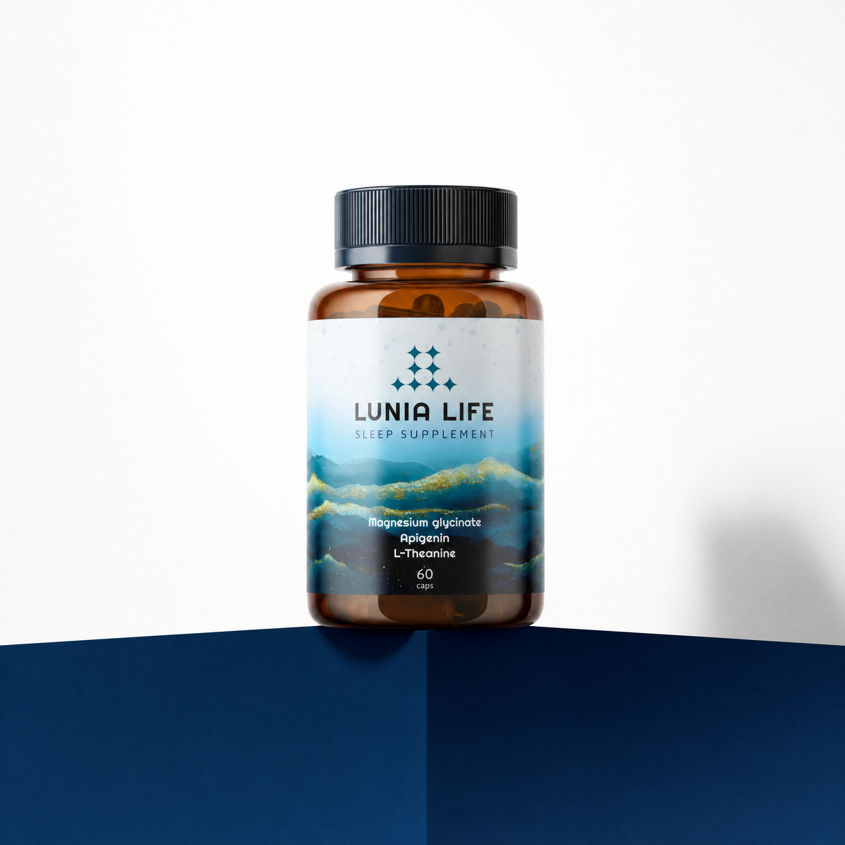 Lunia Restore sleep supplement bottle standing on a deep navy plinth against a soft cream wall