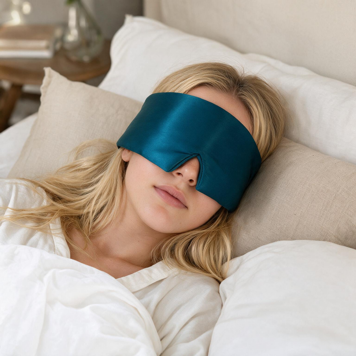 Lunia Reve sleep mask in Fathom laid flat on a white background, showing the contoured eye cups and the band
