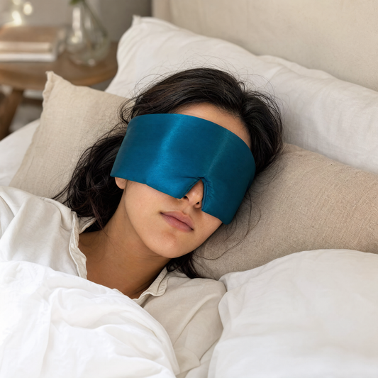 [Fathom] Overhead view of a woman asleep wearing the Lunia Reve silk sleep mask in Fathom
