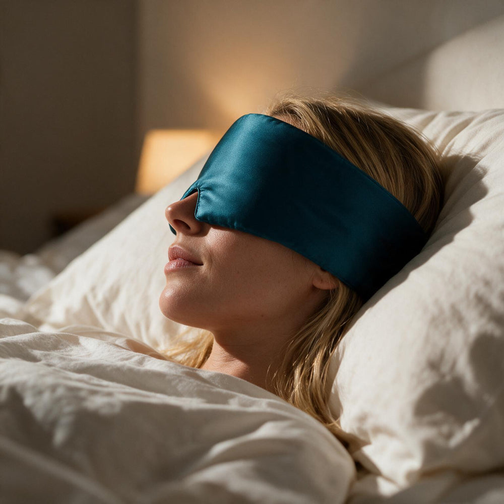 Lunia Reve sleep mask in Midnight worn in bed at night, side profile lit by a single warm bedside lamp